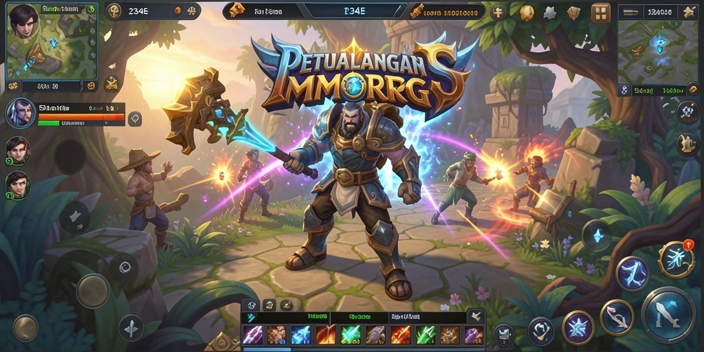 Tangkapan layar utama 234E menampilkan pertempuran epik dalam dunia MMORPG.