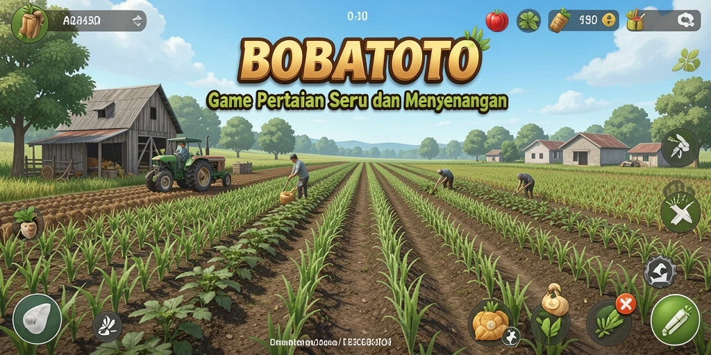 Screenshot utama gameplay BOBATOTO menunjukkan ladang yang indah dan tanaman yang subur.