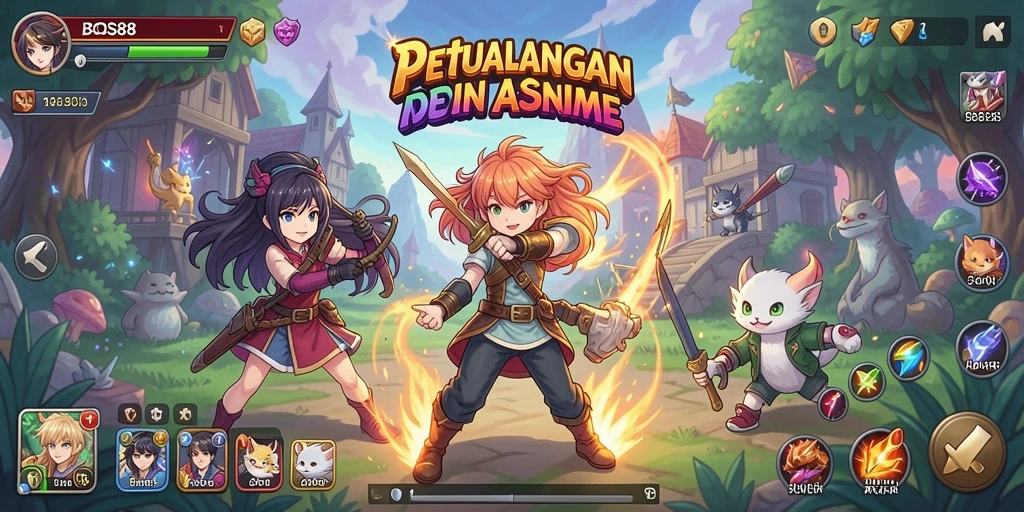 Tampilan gameplay epik dengan karakter anime yang dinamis.
