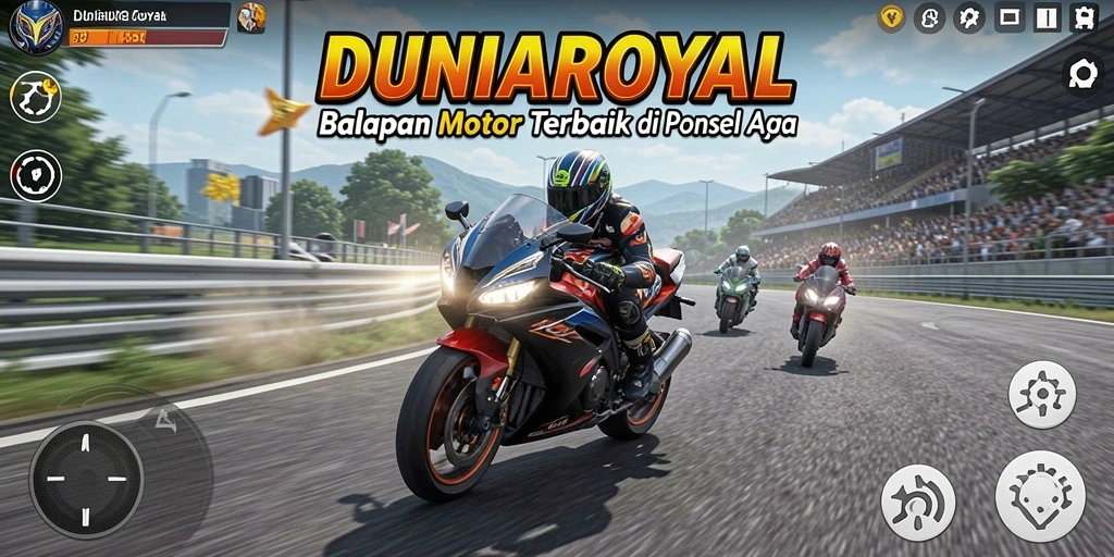 Screenshot menunjukkan balapan motor yang mendebarkan di DUNIAROYAL.
