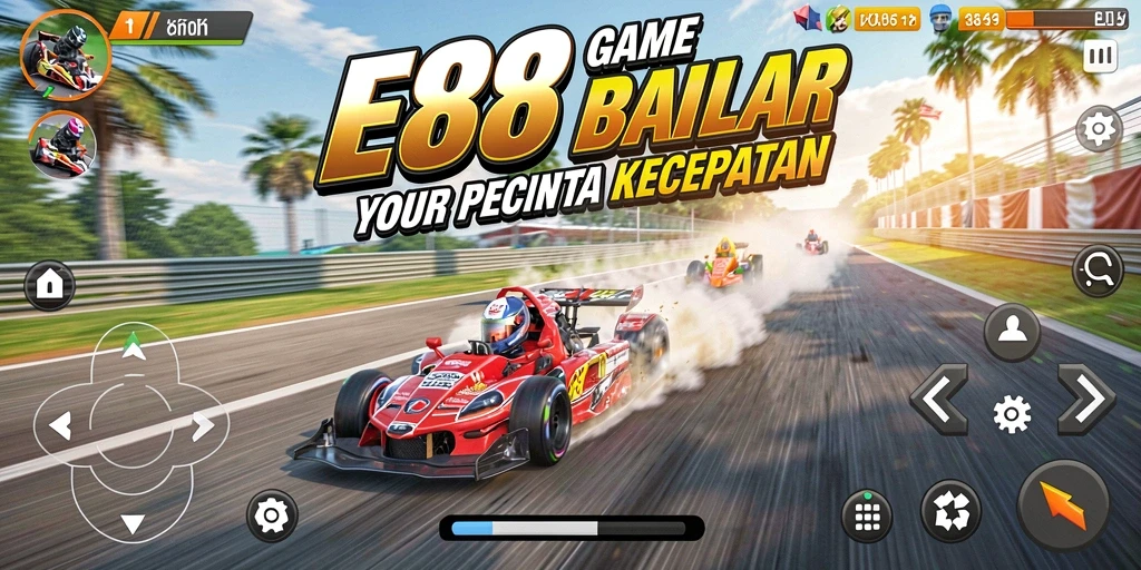 Screenshot E88 menampilkan aksi balapan yang mendebarkan di trek berliku.