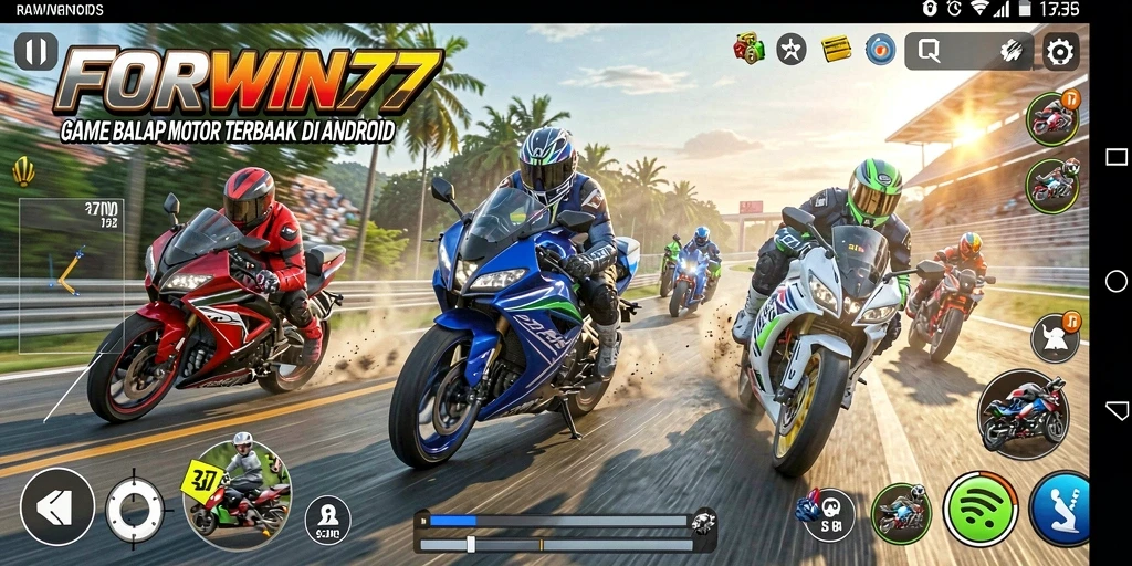 Tampilan balapan seru dalam FORWIN77 dengan aksi kecepatan tinggi.
