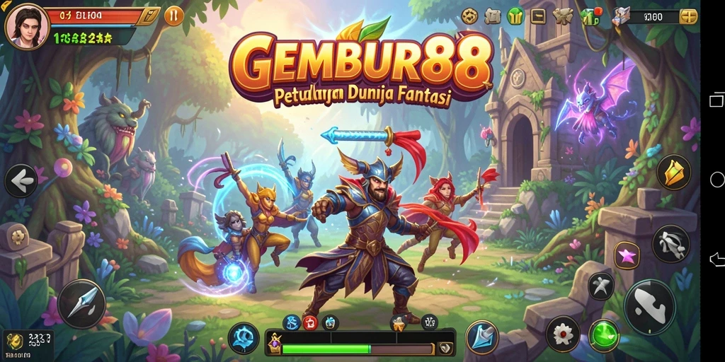 Screenshot gameplay GEMBUR88 yang menampilkan pertarungan seru di dunia fantasi.