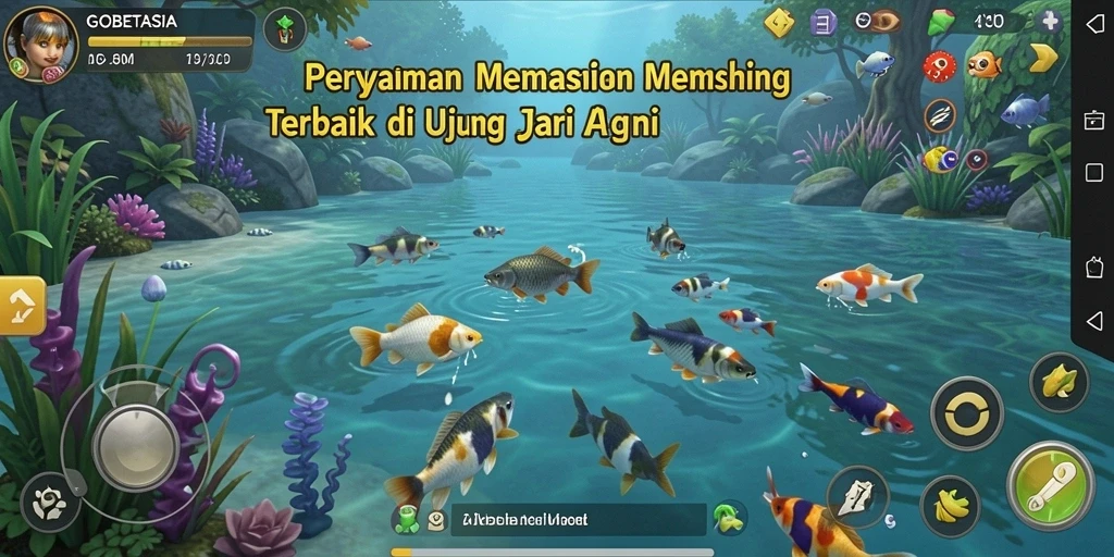 Screenshot utama GOBETASIA menampilkan aksi seru dalam memancing di lokasi yang indah.