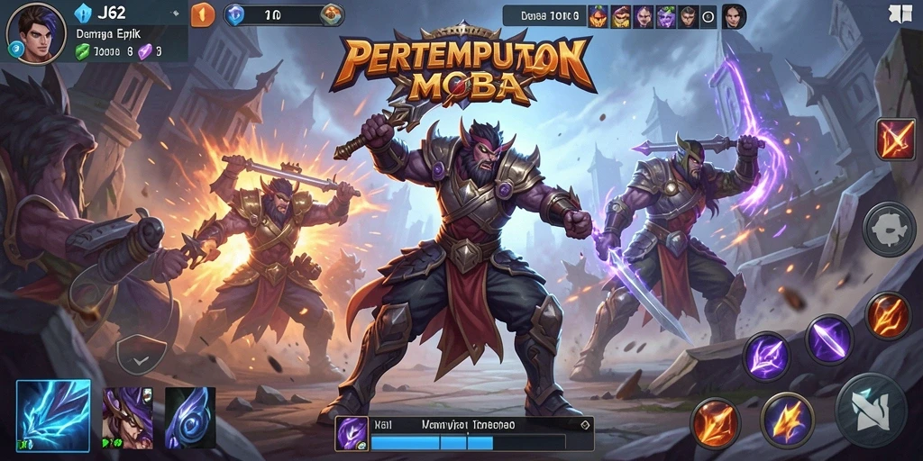 Screenshot gameplay JJ62 menampilkan pertarungan tim yang mendebarkan di arena MOBA.