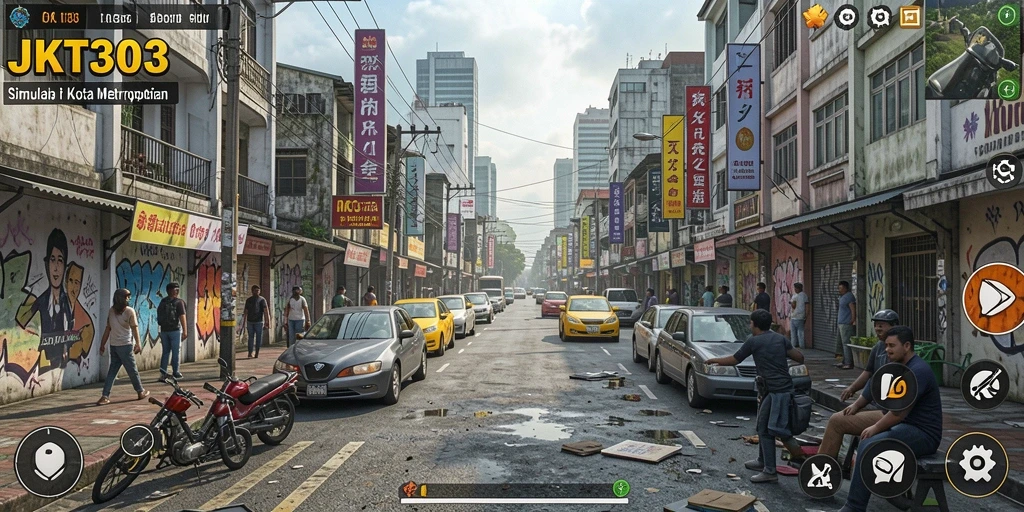 Screenshot gameplay JKT303 yang menunjukkan interaksi sosial di kota metropolitan.