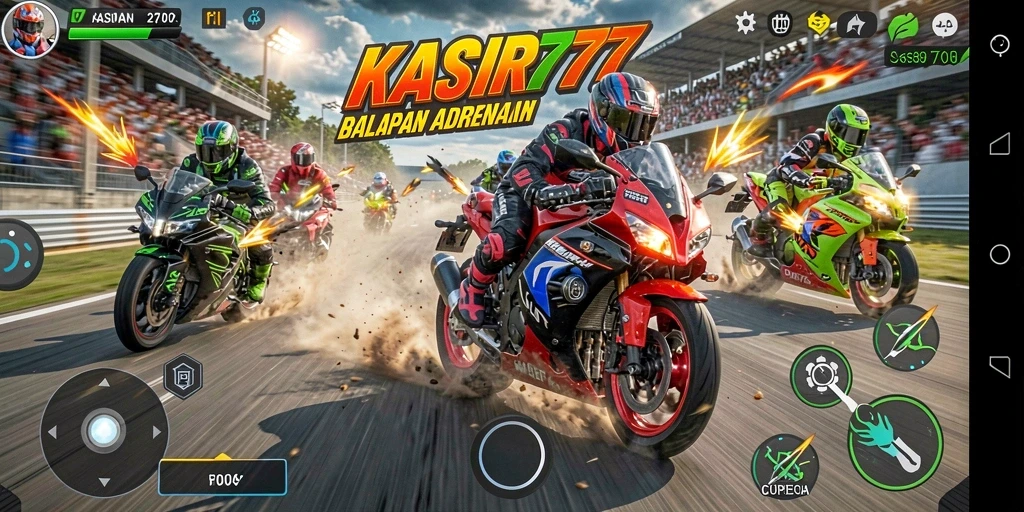 Screenshot gameplay KASIR777 menampilkan balapan motor yang mendebarkan dan penuh aksi.