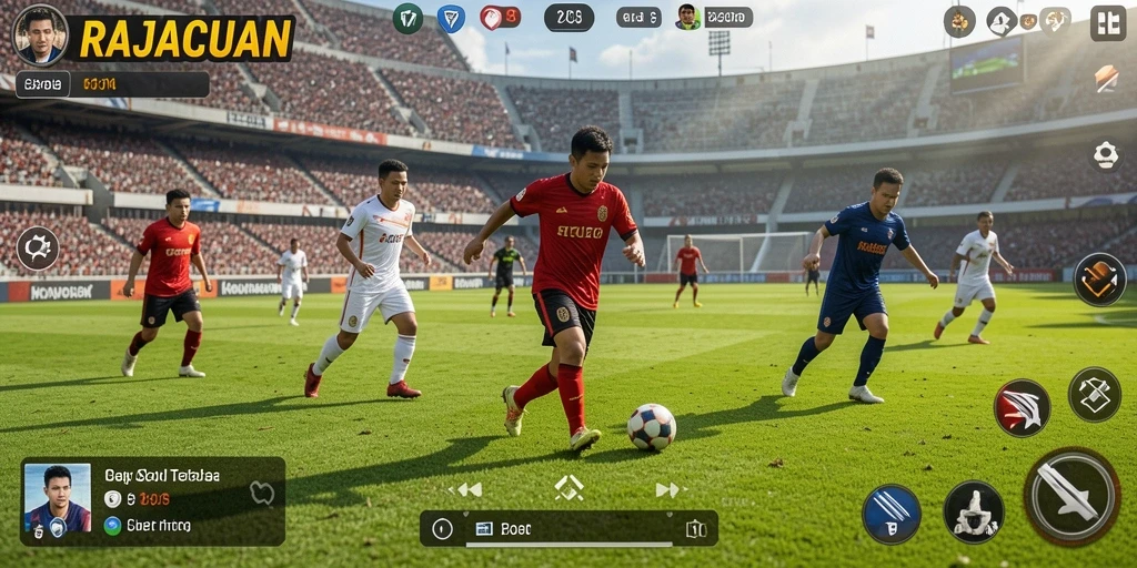 Tangkapan layar gameplay RAJACUAN menunjukkan aksi sepak bola yang intens.