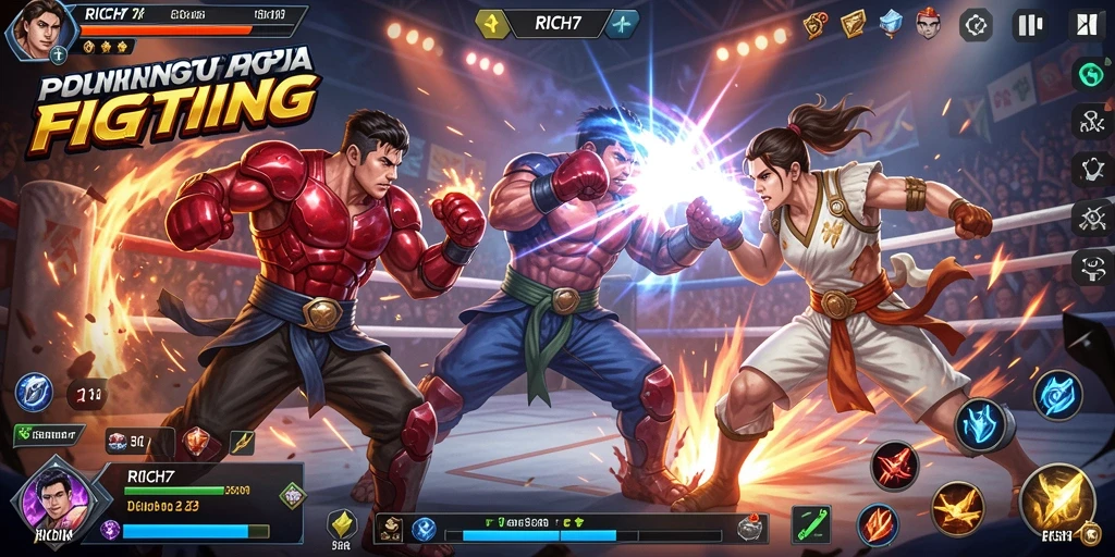 Gameplay RICH7 dengan pertarungan epik dan karakter beragam.