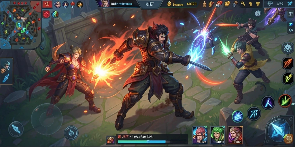 Screenshot gameplay UH77 menampilkan pertarungan tim yang mendebarkan dalam arena.