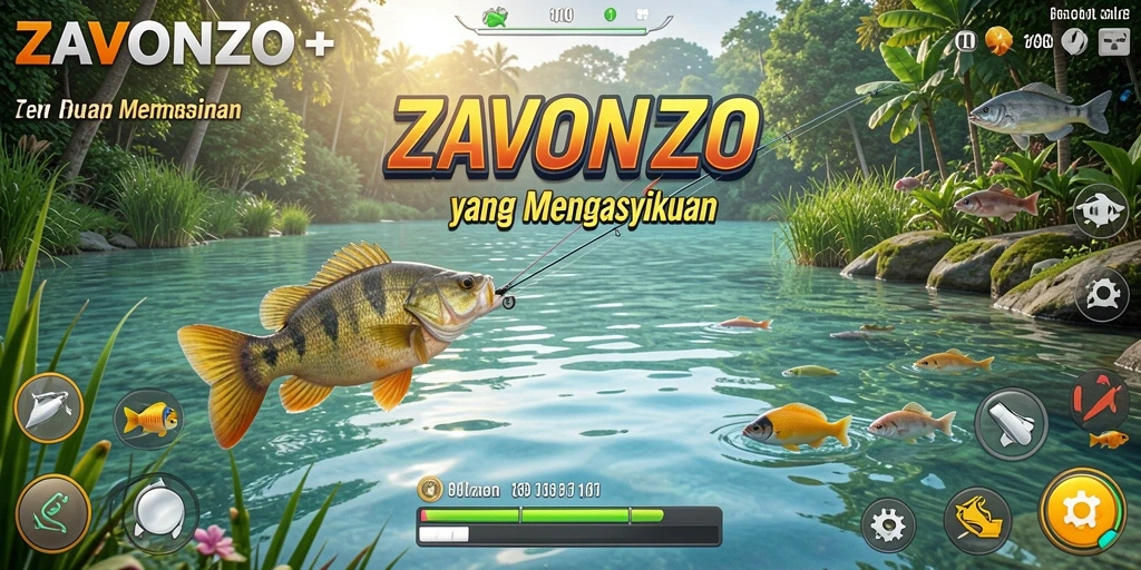 Screenshot gameplay ZAVONZO menampilkan aksi memancing seru dan lokasi memukau.